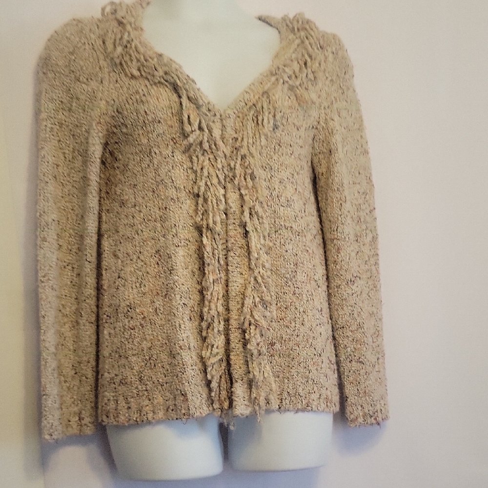 Christopher& Banks Fringe Cardigan Womens Large Cream One Hook Closure Comfy